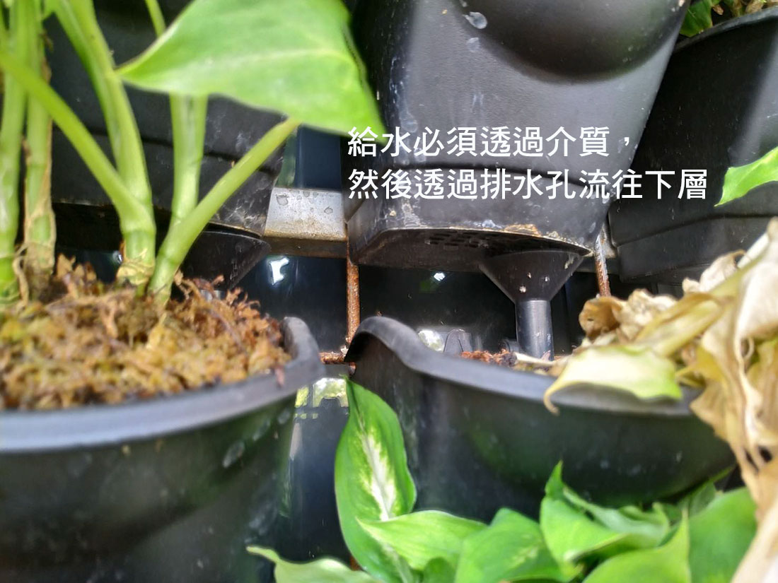 給水必須透過介質, 然後透過排水孔流往下層